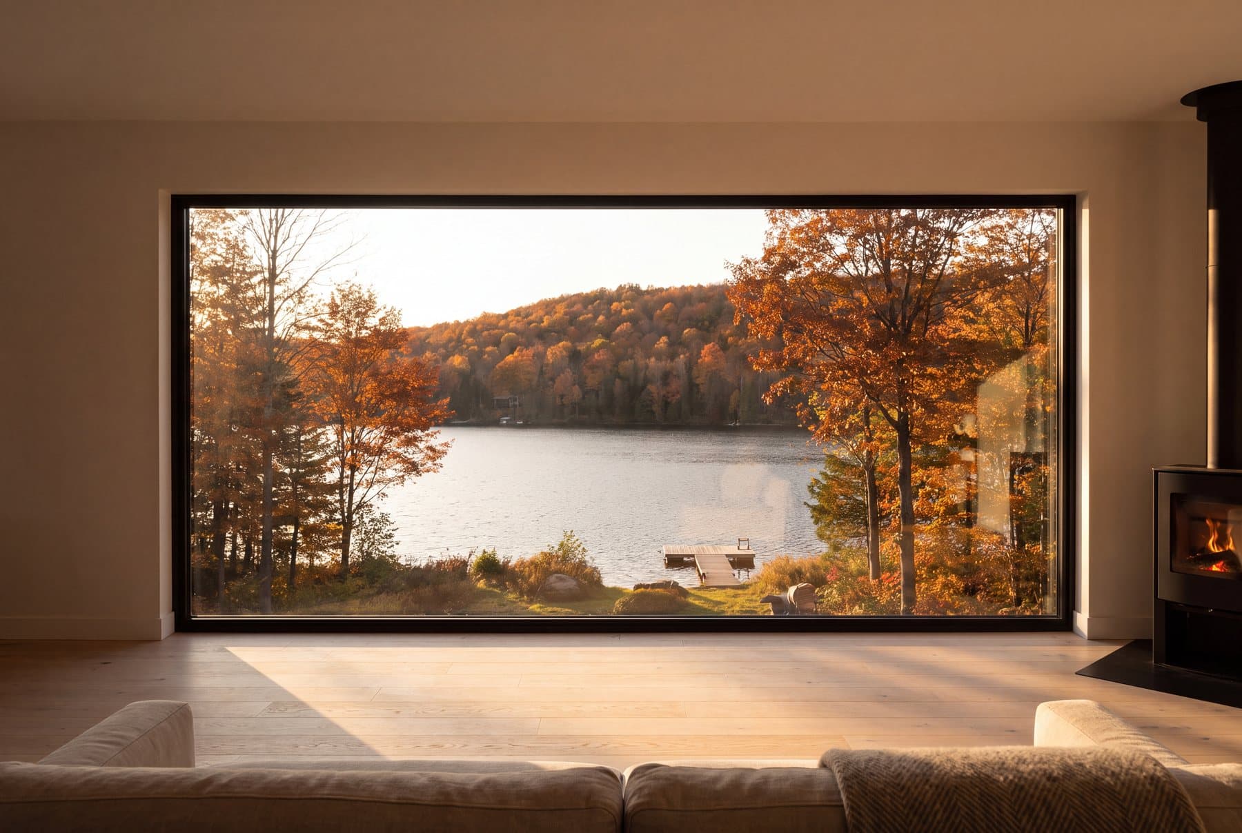 Salon d'une maison des Cantons-de-l'Est à l'automne: un grand vitrage d'une seule pièce donne sur un lac et une colline en couleurs, avec un poêle à bois allumé