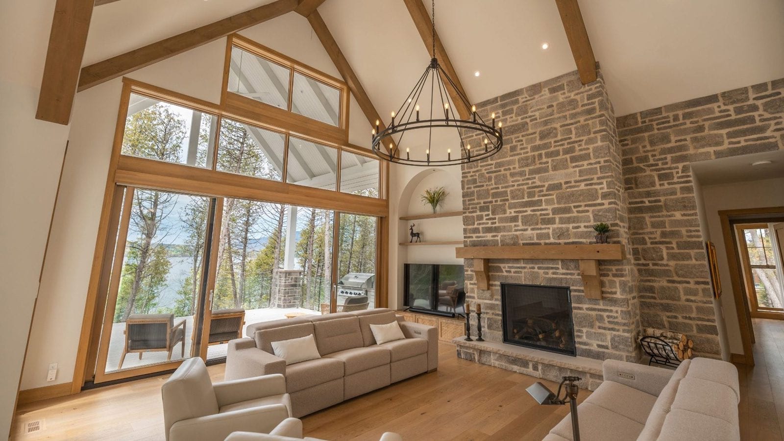 Bright living room with high-end wood windows