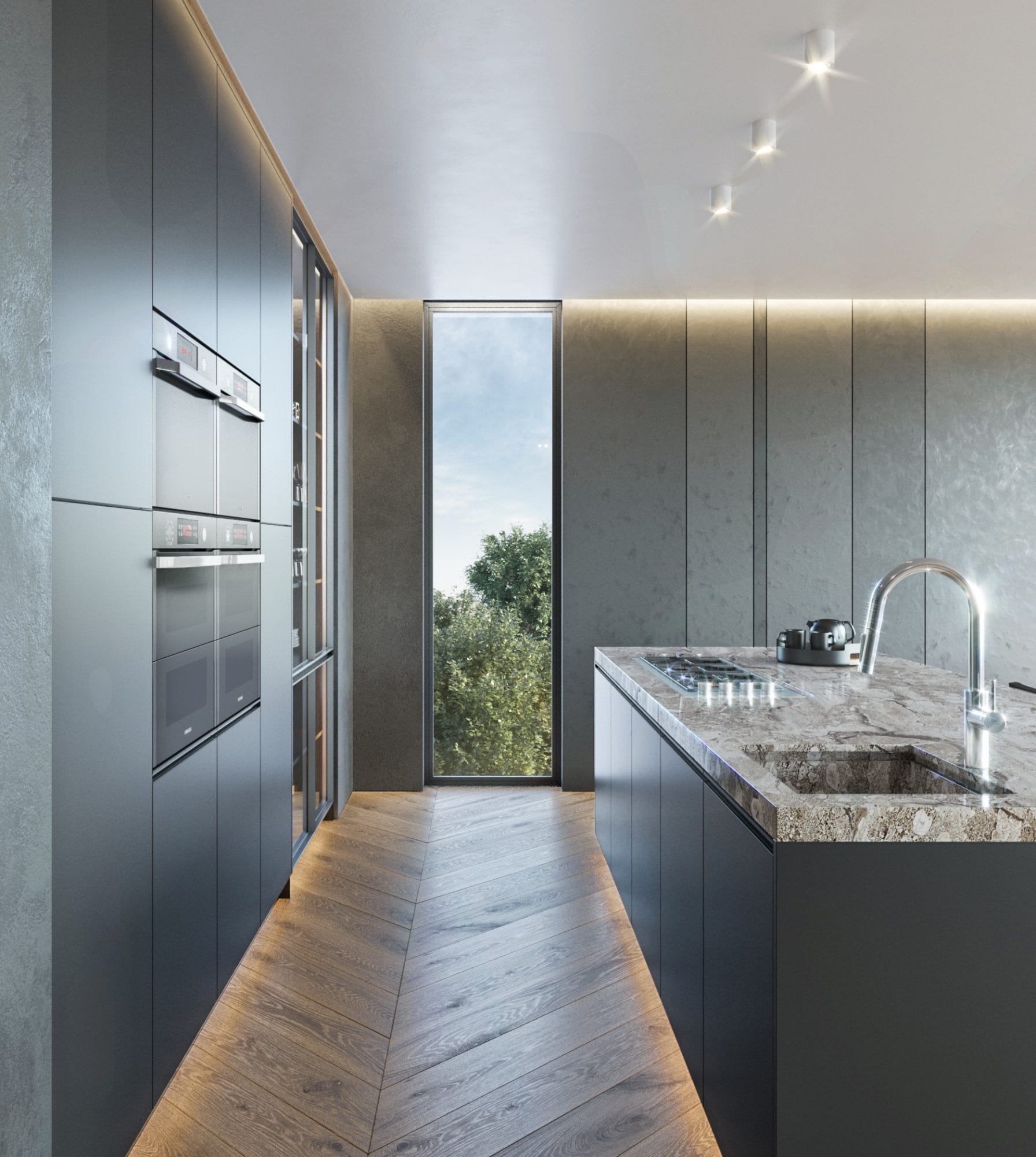 Contemporary kitchen with dark cabinets and a narrow full-height vertical window