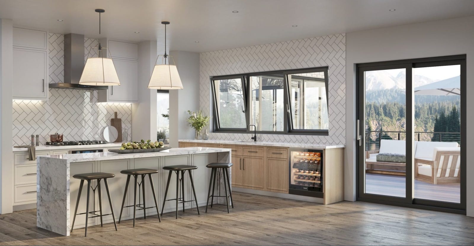 White kitchen with black tilt-and-turn windows and a glass door opening onto the deck