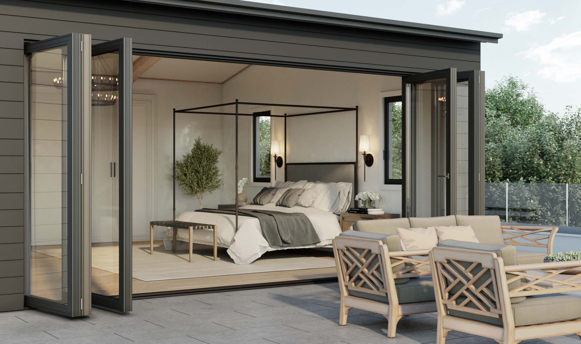 Bedroom opened onto the patio by a folded bifold accordion door
