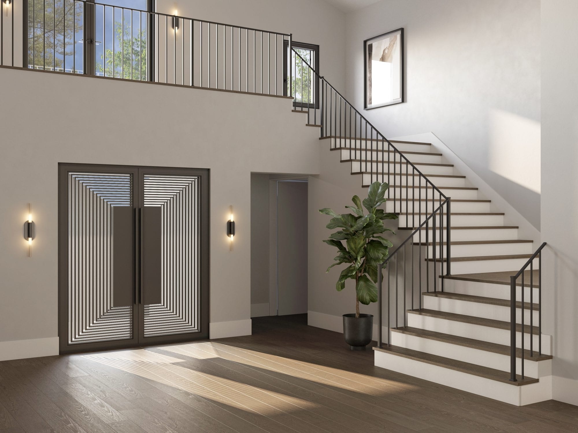 Porte d'entrée moderne Alumalco à panneau d'aluminium usiné, dans un hall lumineux
