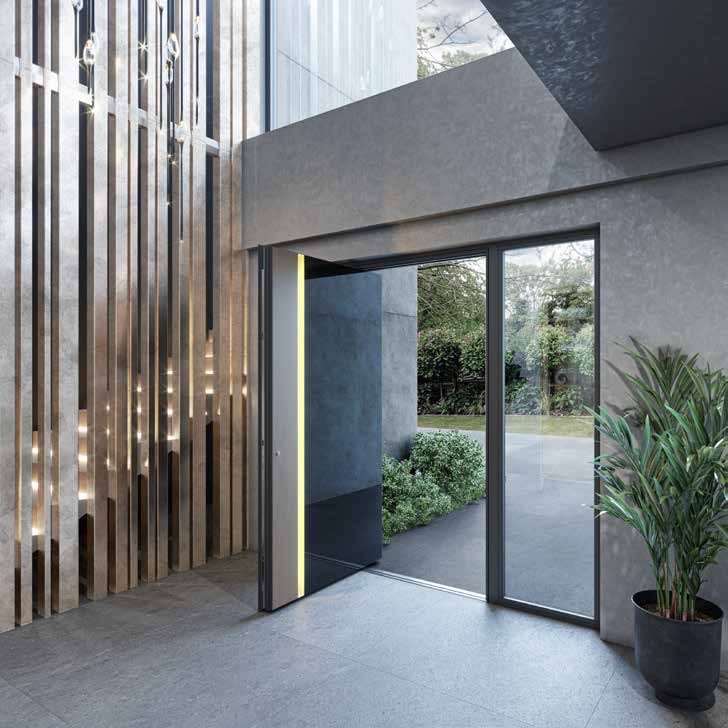 Pivoting entry door with a dark solid panel and a fixed glazed panel, on a concrete facade