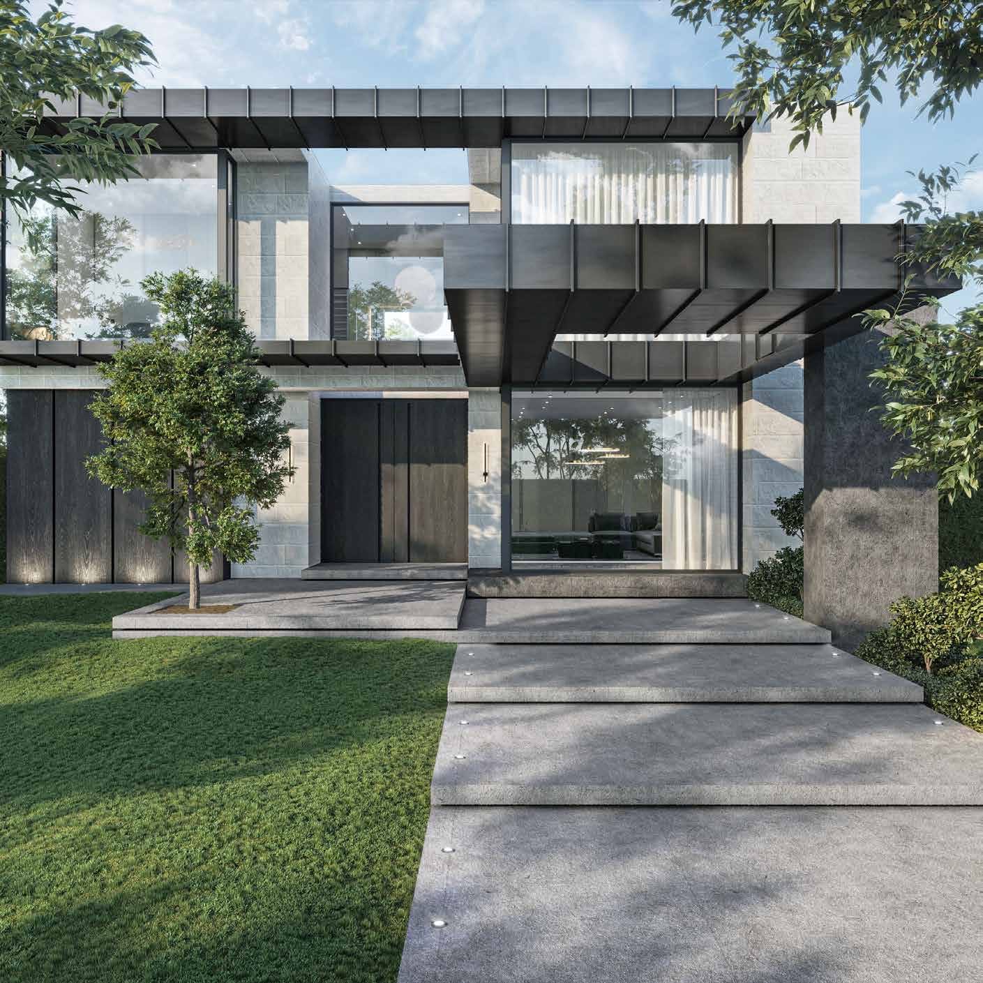 Contemporary house facade in glass and dark wood with a full-height entry door