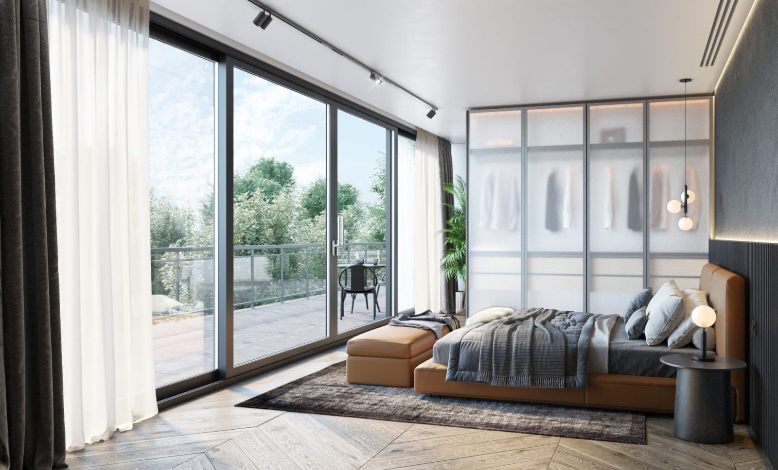Bedroom with a black lift-and-slide door open onto a balcony