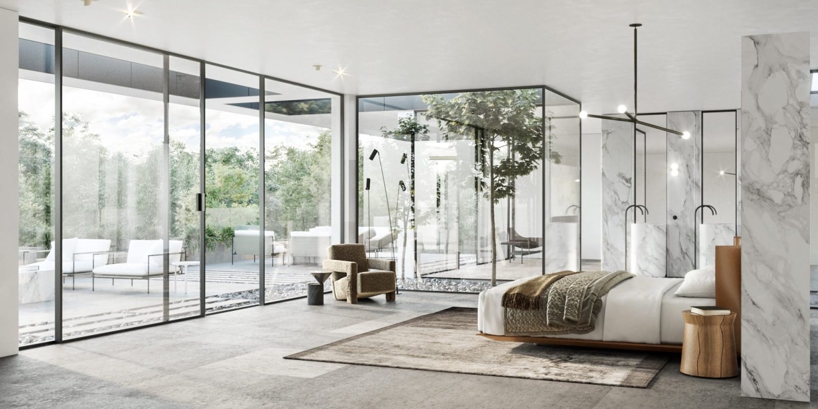 Bedroom with sliding Slimline glass walls open onto a terrace