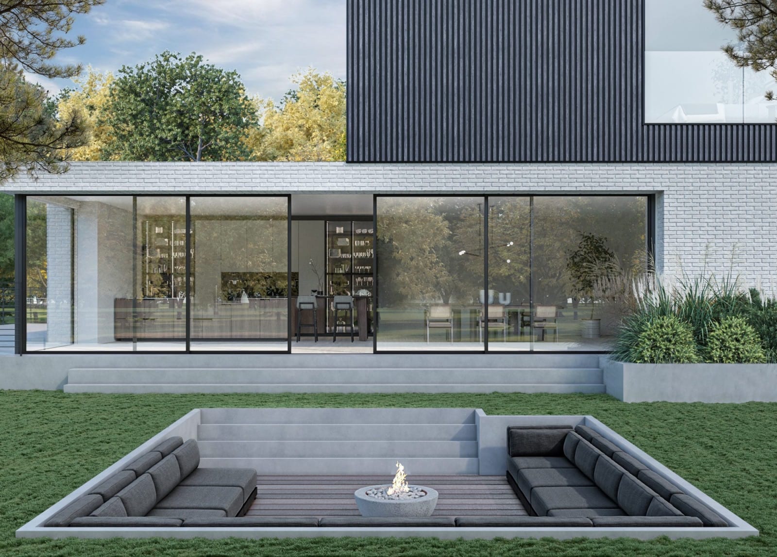 Contemporary home with a Slimline glass wall overlooking a yard with a sunken outdoor lounge