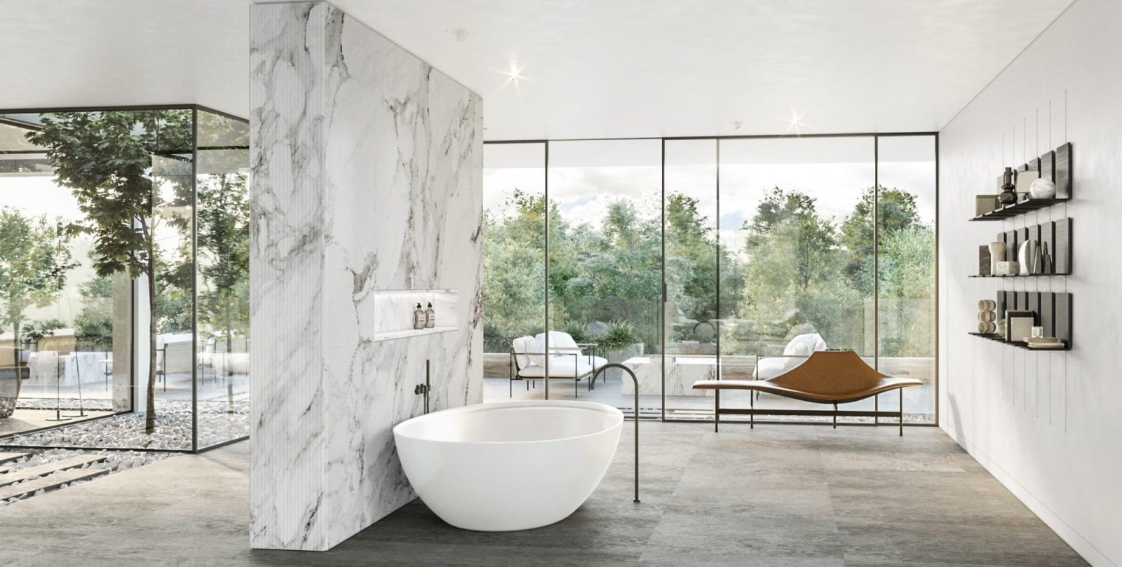 Marble bathroom with a freestanding tub and full-height Slimline glass walls