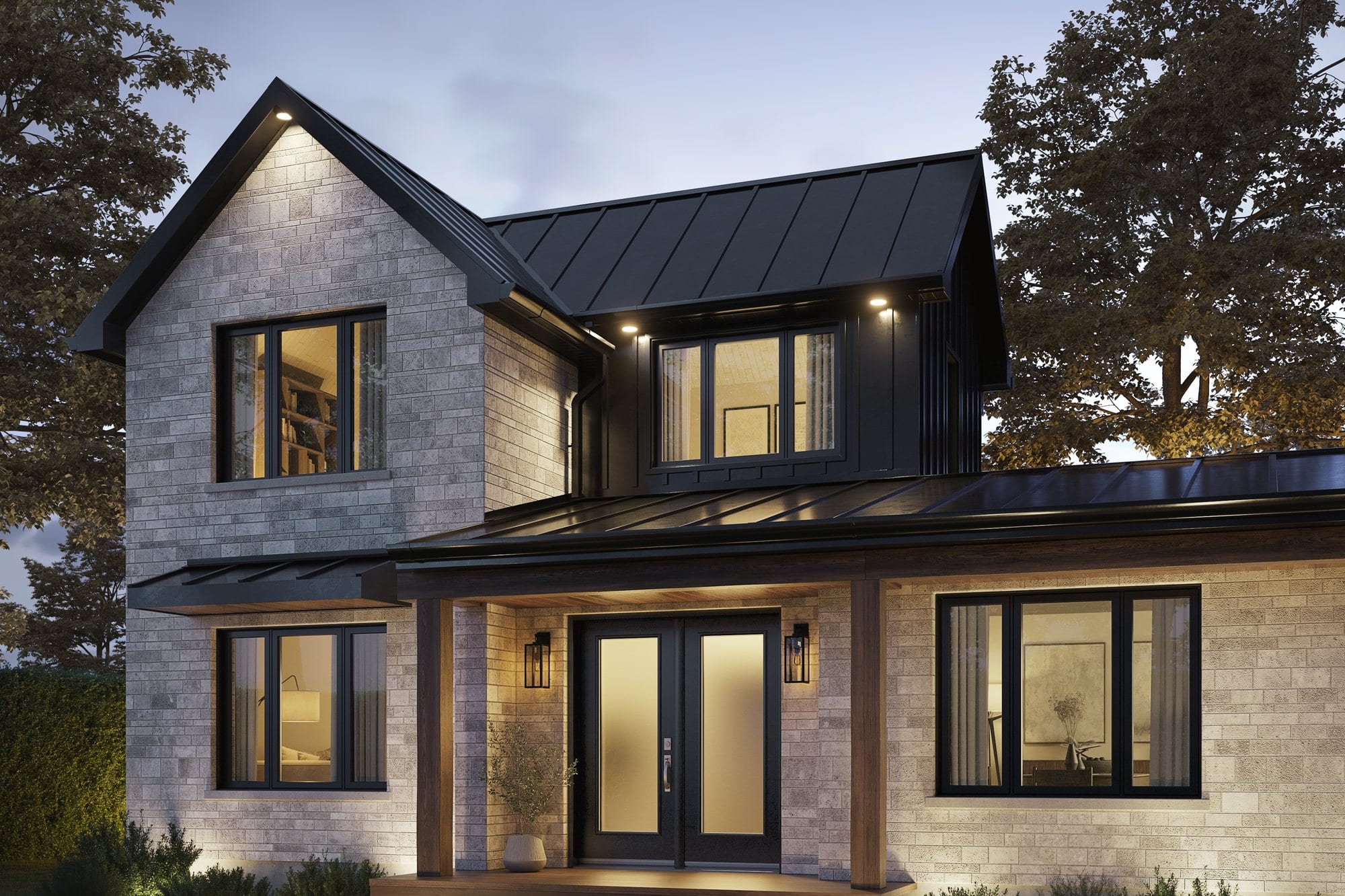 Contemporary home at dusk with black-framed Fenplast Premia hybrid casement windows