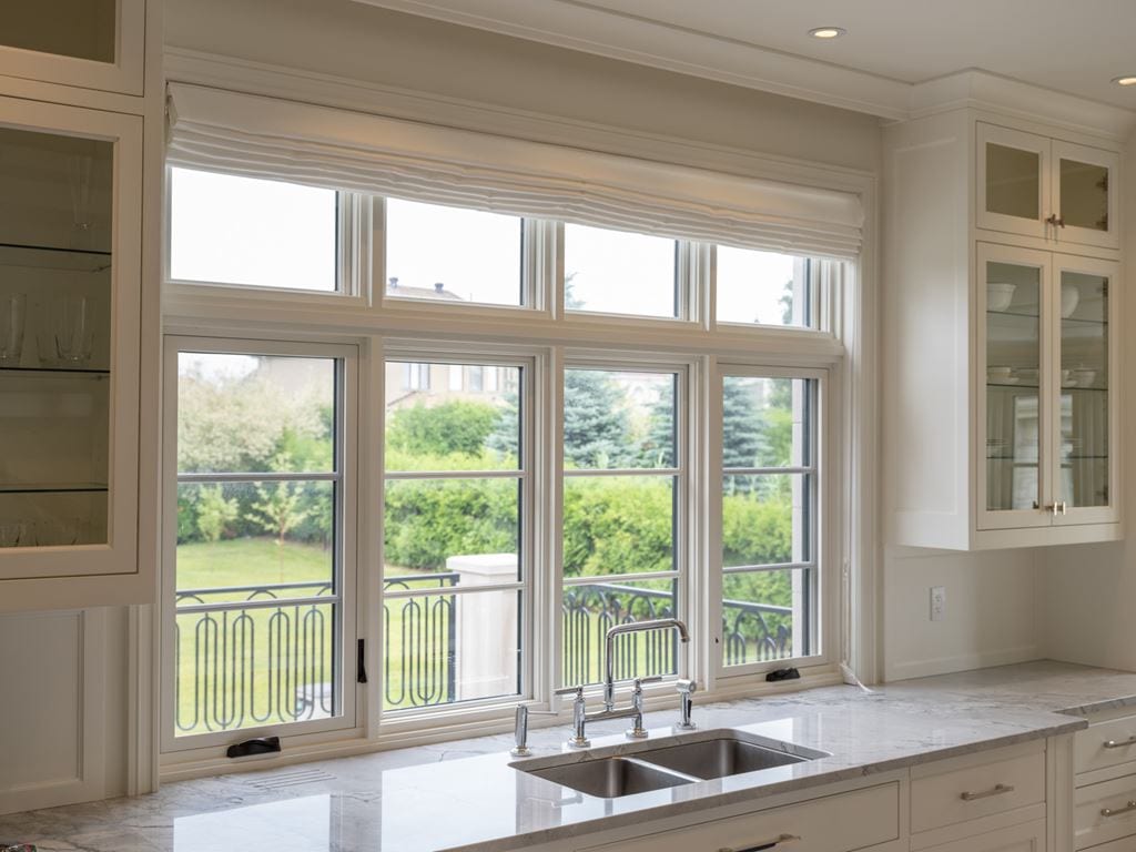 White casement windows above a kitchen counter