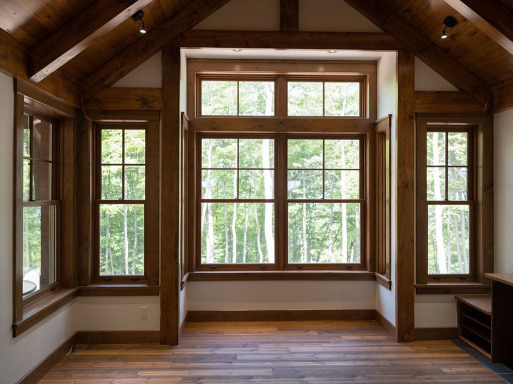 Wood double-hung windows in a timber-frame room