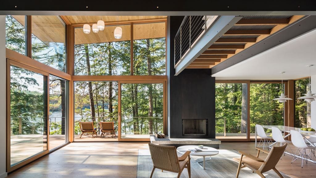 Contemporary interior with a wall of fixed windows