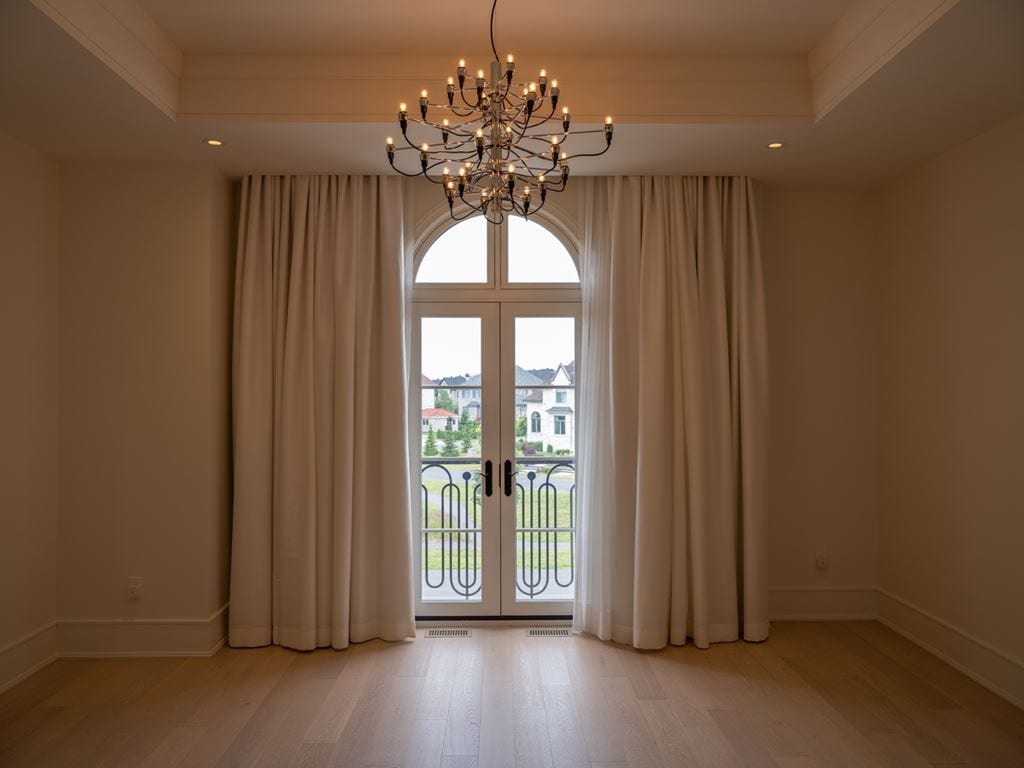 White arched French door in a minimalist room with curtains