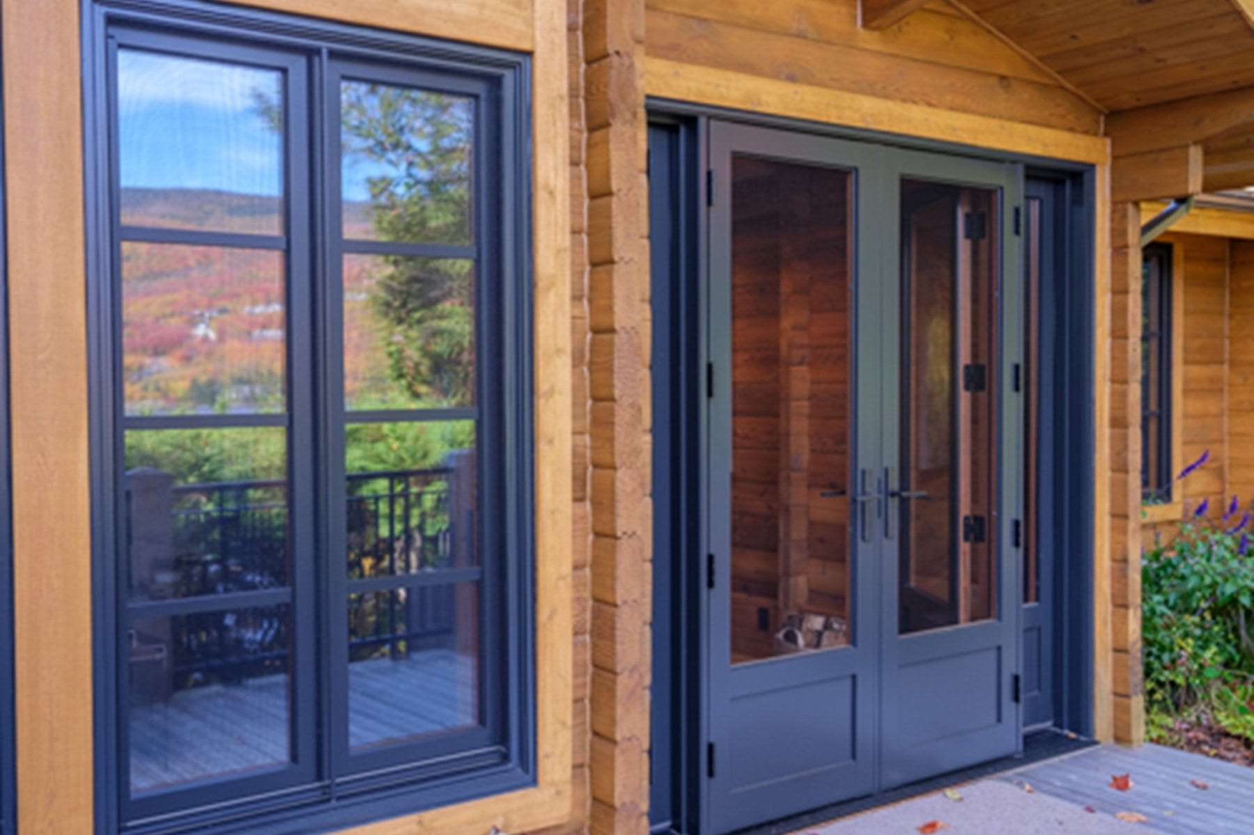 Black Lepage Millwork french door on a wood wall, mountain view